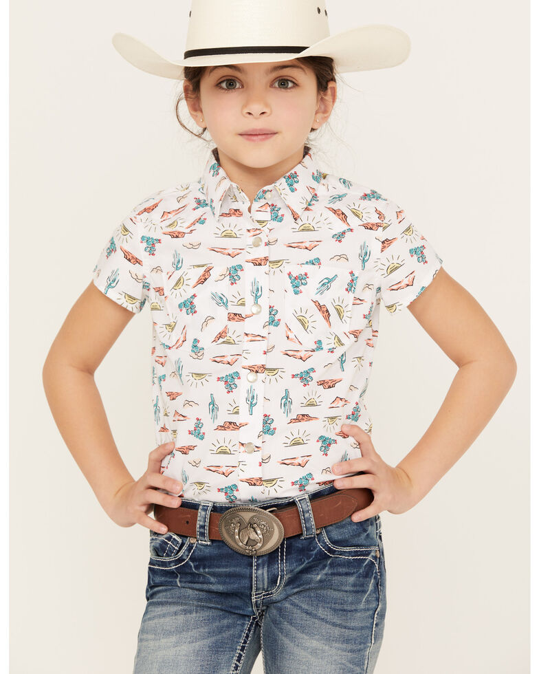 Wrangler Girls' Desert Print Short Sleeve Western Snap Shirt, White, hi-res