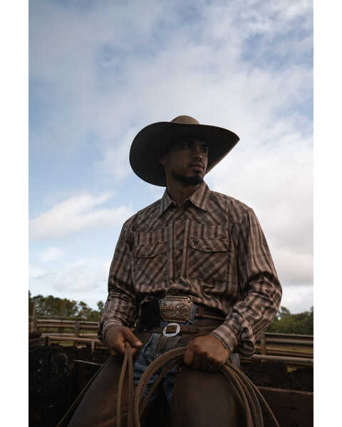 Image #1 - Cowboy Hardware Men's Arroyo Plaid Print Long Sleeve Snap Western Shirt, Brown, hi-res