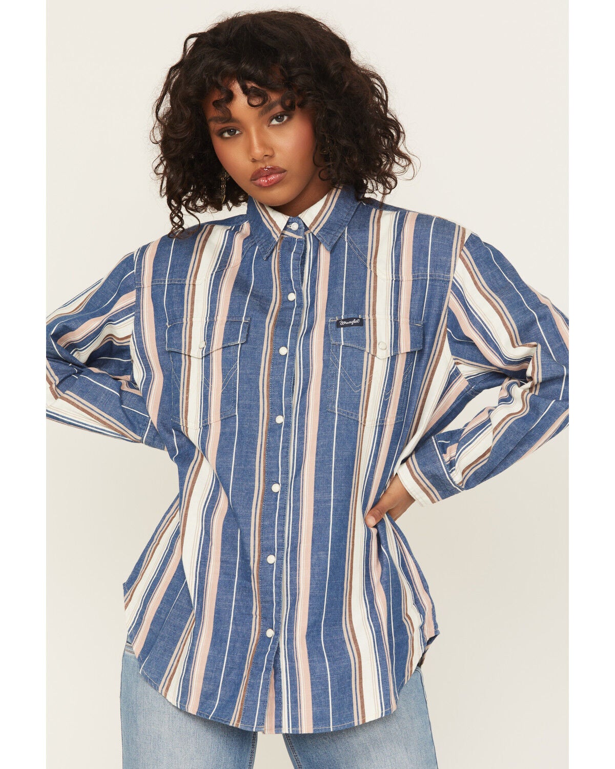 Wrangler Retro Women's Striped Long Sleeve Snap Western Shirt, Blue, hi-res