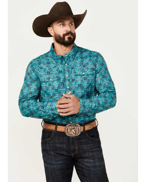 Image #1 - Rock & Roll Denim Men's Southwestern Print Ripstop Long Sleeve Snap Performance Western Shirt, Teal, hi-res