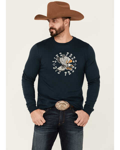 Image #1 - Cody James Men's Navy Die Free Eagle Graphic Long Sleeve T-Shirt , Navy, hi-res