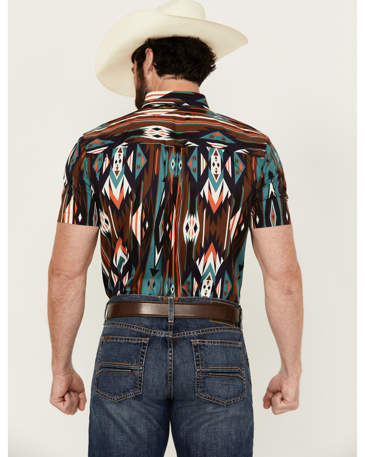 Image #4 - RANK 45® Men's Calvaztec Southwestern Print Short Sleeve Button-Down Stretch Western Shirt, Rust Copper, hi-res