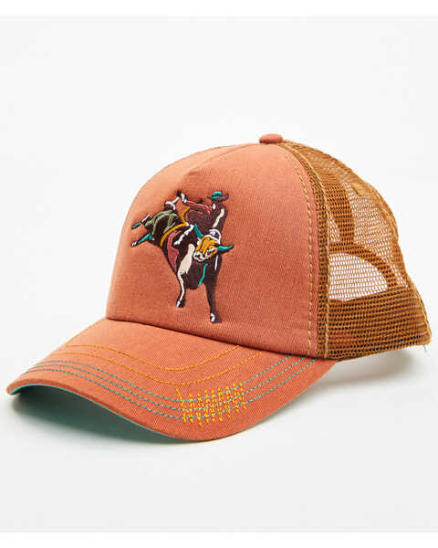 Catchfly Women's Bucking Bull Rider Embroidered Ponytail Ball Cap, Orange, hi-res