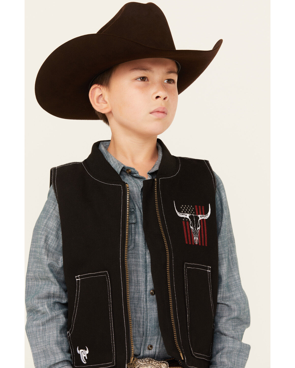 Image #2 - Cowboy Hardware Boys' Flag Skull Canvas Vest, Black, hi-res