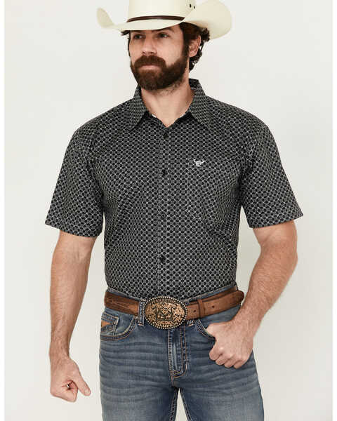 Image #1 - Cowboy Hardware Men's Geo Floral Print Short Sleeve Button-Down Western Shirt , Black, hi-res