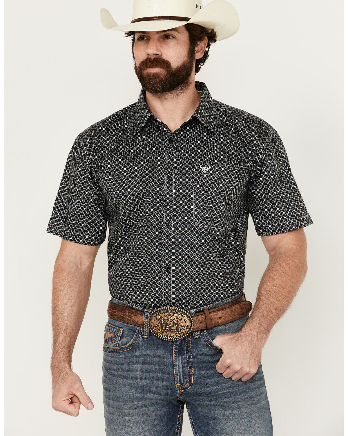 Image #1 - Cowboy Hardware Men's Geo Floral Print Short Sleeve Button-Down Western Shirt, Black, hi-res