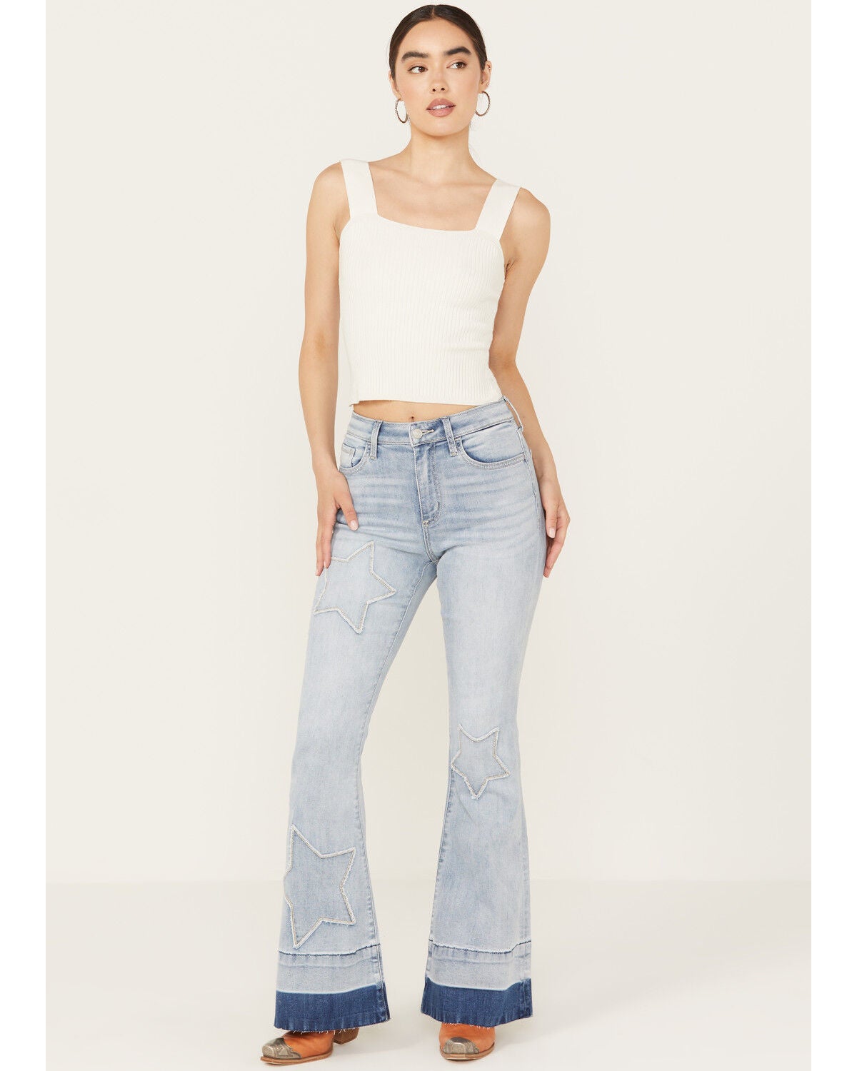 Ceros Women's Light Wash High Rise Starred Flare Stretch Jeans, Light Wash, hi-res