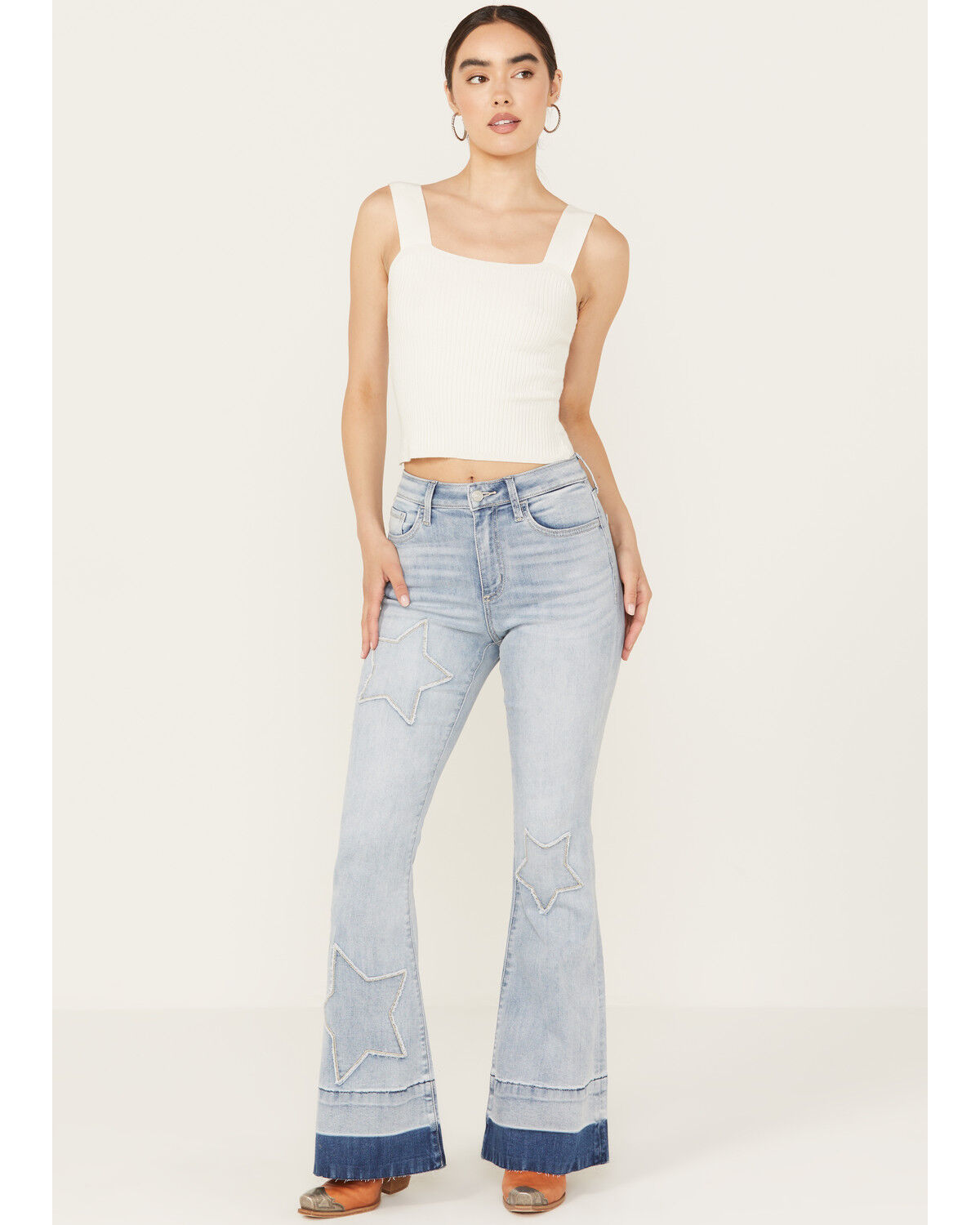 Image #1 - Ceros Women's Light Wash High Rise Starred Flare Stretch Jeans, Light Wash, hi-res