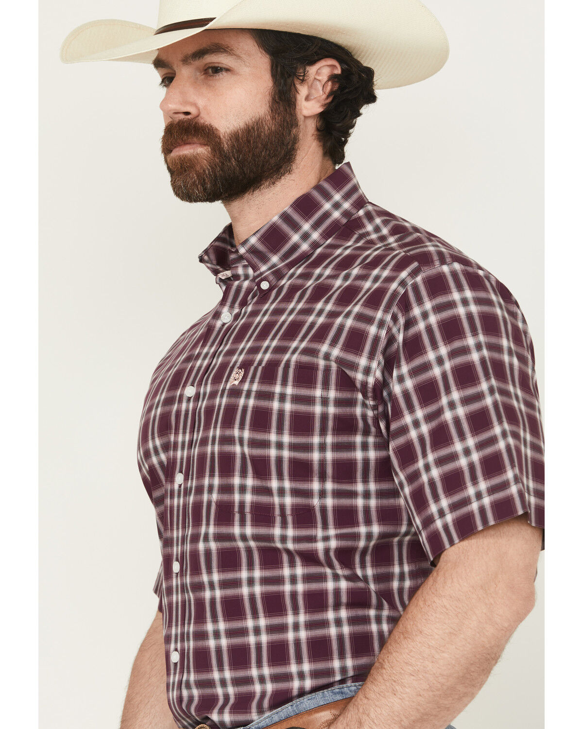 Image #2 - Cinch Men's Plaid Print Short Sleeve Button-Down Western Shirt, Purple, hi-res