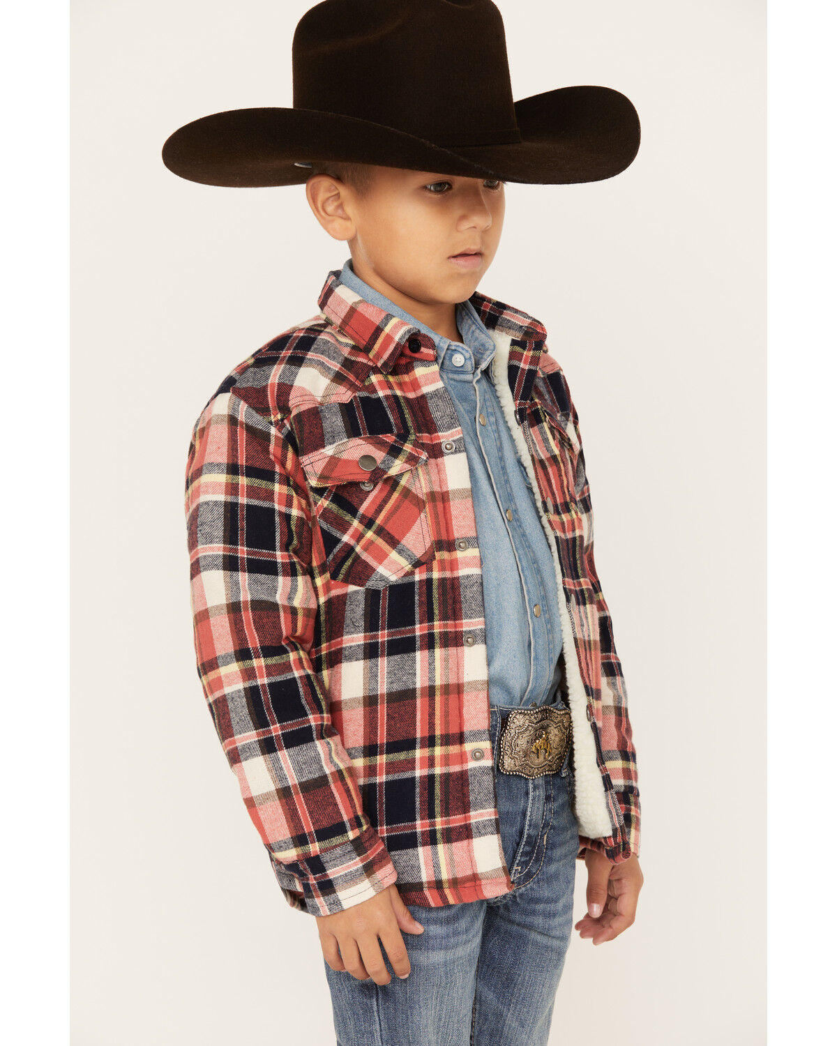 Image #2 - Roper Boys' Plaid Print Long Sleeve Flannel Shacket, Red, hi-res