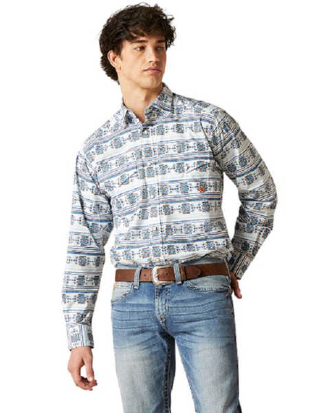 Image #1 - Ariat Men's Garith Southwestern Striped Long Sleeve Snap Western Shirt , White, hi-res