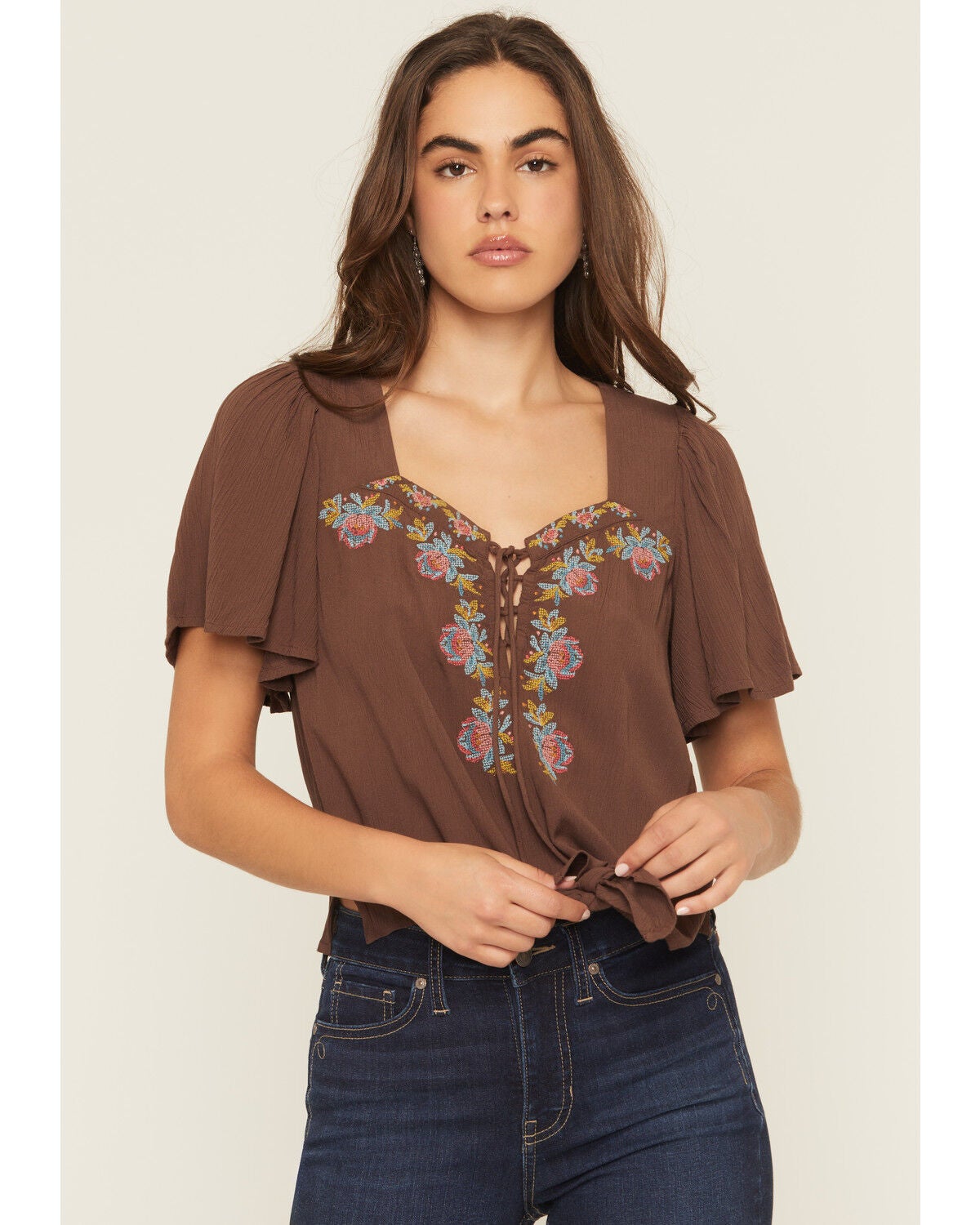 Image #1 - Shyanne Women's Floral Embroidered Short Sleeve Shirt, Brown, hi-res