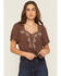 Image #1 - Shyanne Women's Floral Embroidered Short Sleeve Shirt, Brown, hi-res