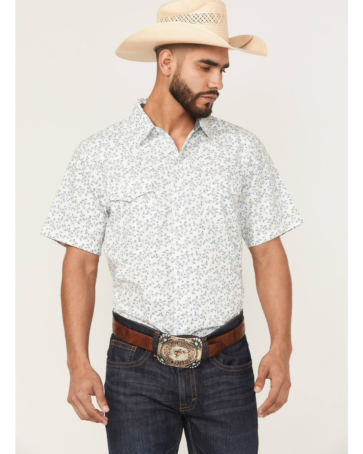 Image #1 - Cody James Rodeo Drive Floral Print Short Sleeve Snap Western Shirt, White, hi-res