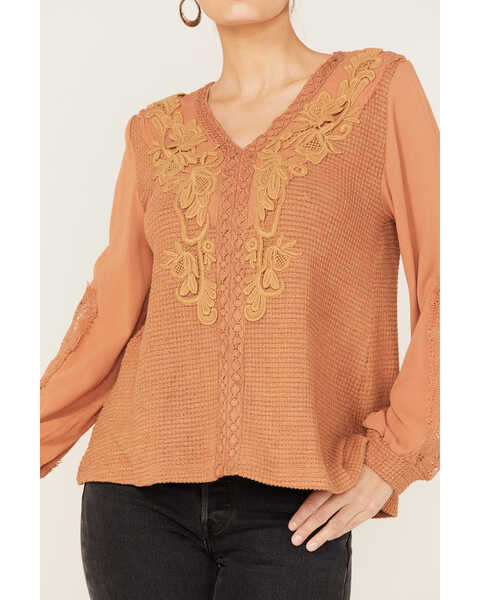 Image #3 - Miss Me Women's Floral Embroidered Knit Top, Rust Copper, hi-res