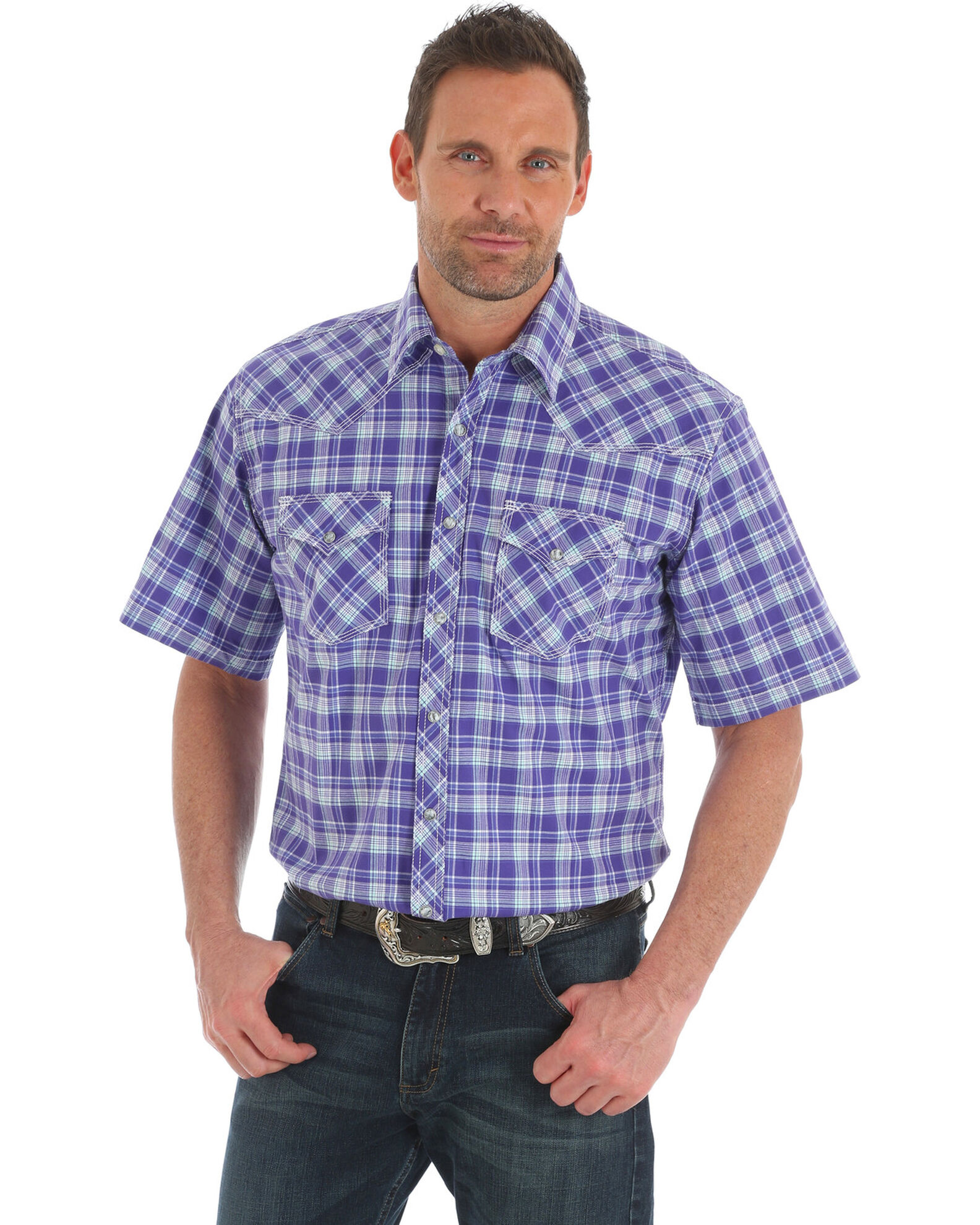 Wrangler 20X Men s Purple Plaid Advanced Comfort Short Sleeve Western Shirt Sheplers