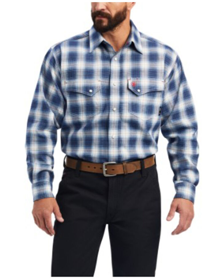 Ariat Men's FR Rayburn Plaid Long Sleeve Snap Work Shirt , Blue, hi-res