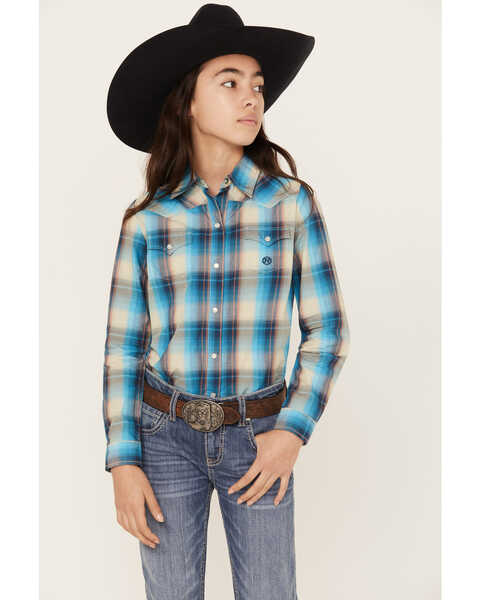 Image #1 - Roper Girls' Plaid Print Long Sleeve Pearl Snap Western Shirt, Blue, hi-res