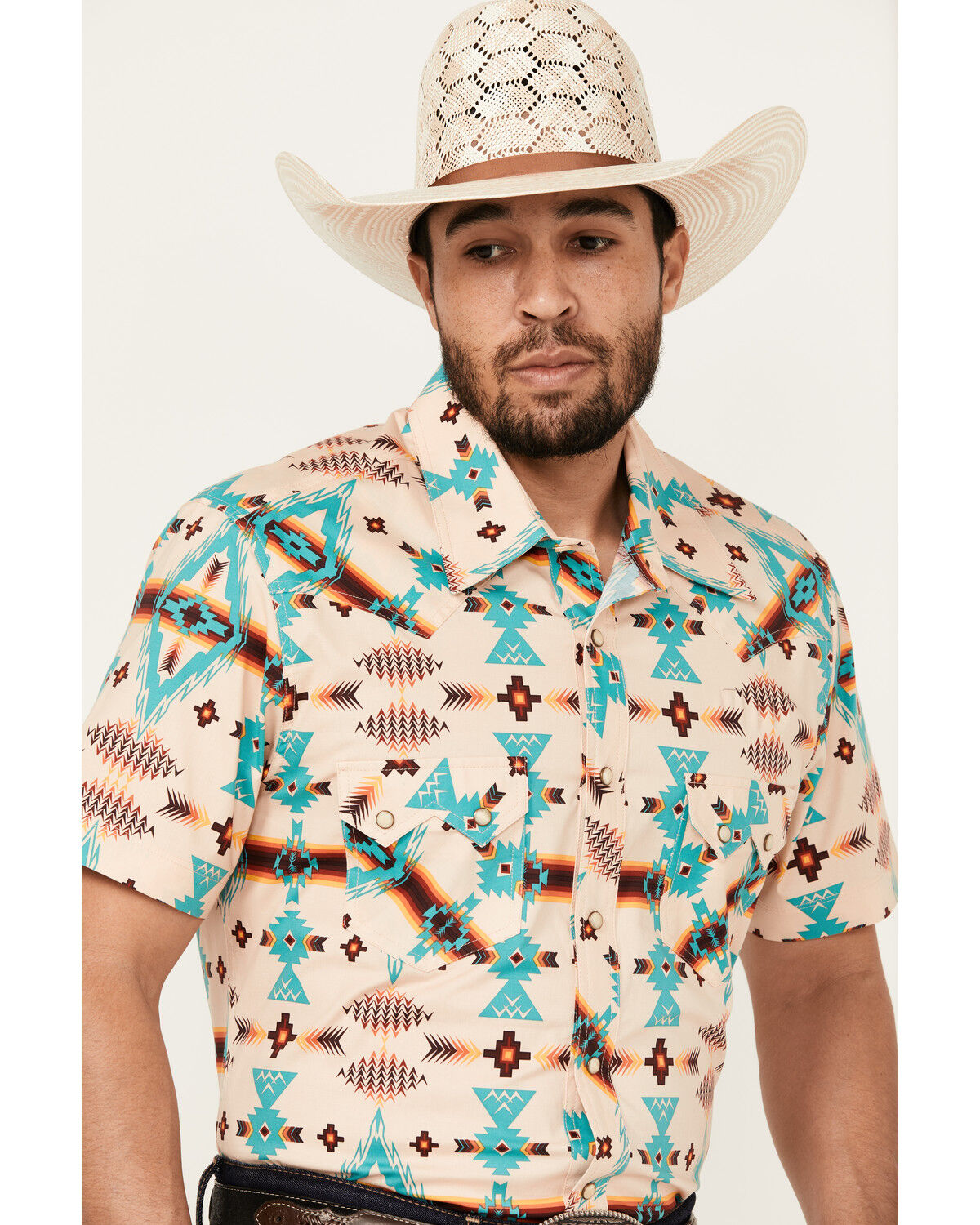 Image #2 - Rock & Roll Denim Men's Southwestern Print Short Sleeve Snap Stretch Western Shirt, Natural, hi-res