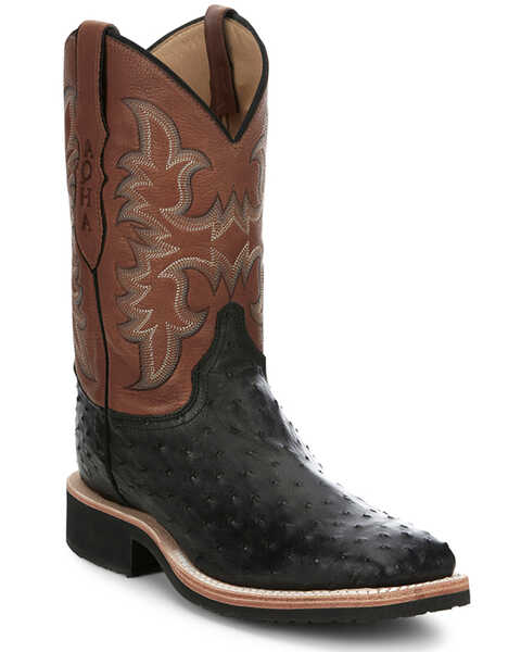 Justin Men's Drover Exotic Full Quill Ostrich Western Boots - Broad Square Toe, Black, hi-res