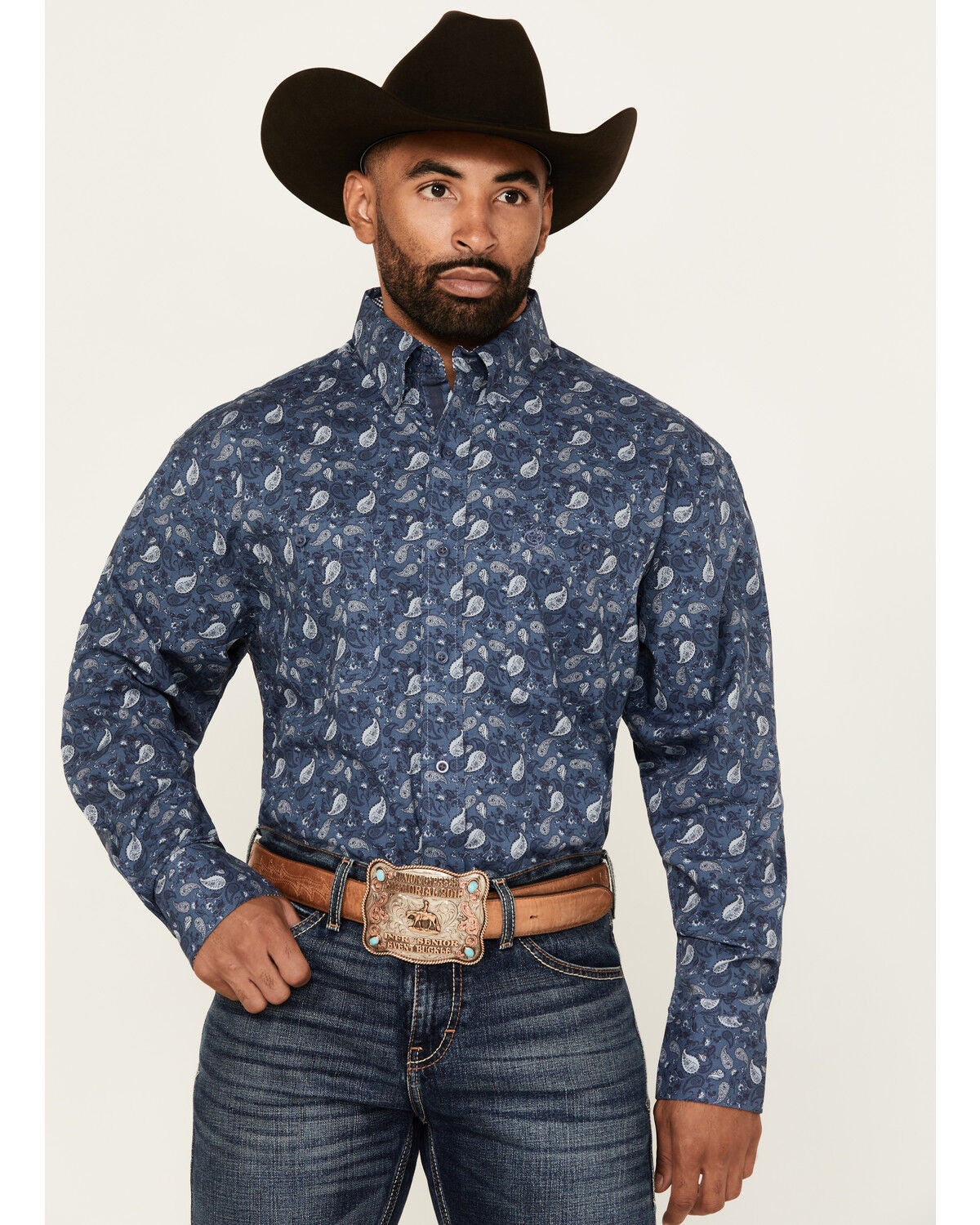 George Strait by Wrangler Men's Paisley Print Long Sleeve Button-Down Stretch Western Shirt - Big, Navy, hi-res