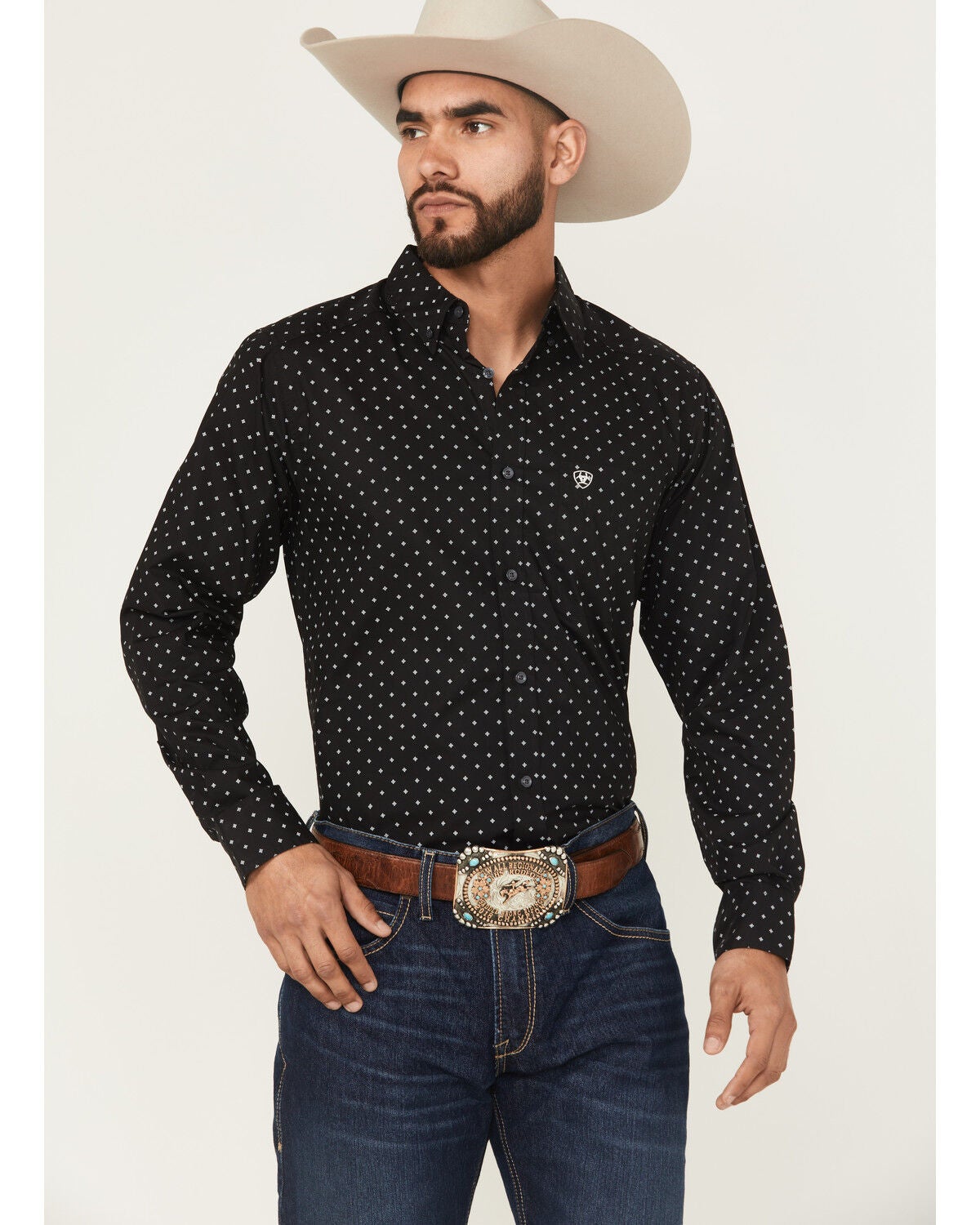 Ariat Men's Seymour Geo Print Long Sleeve Button-Down Western Shirt, Black, hi-res