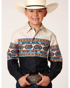 Roper Boys' Black Southwestern Border Print Long Sleeve Snap Western Shirt , Black, hi-res