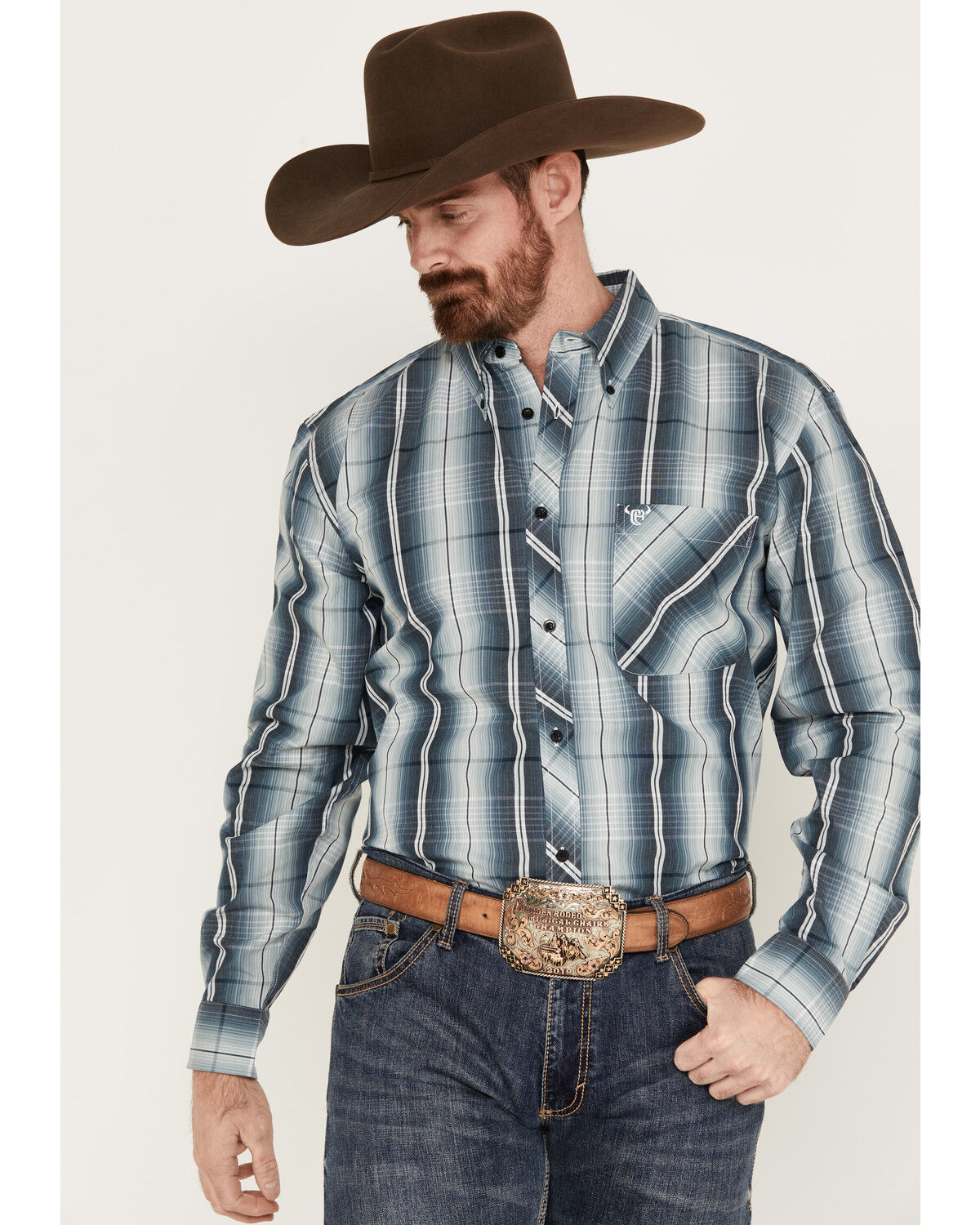 Image #1 - Cowboy Hardware Men's Gradient Plaid Print Long Sleeve Button Down Western Shirt, Blue, hi-res