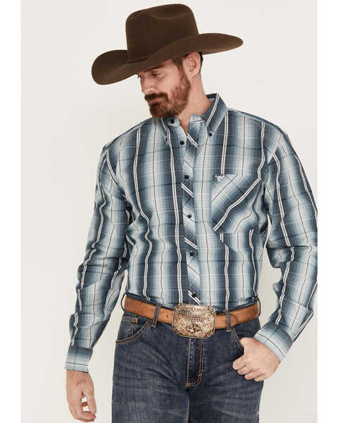 Cowboy Hardware Men's Gradient Plaid Print Long Sleeve Button Down Western Shirt , Blue, hi-res