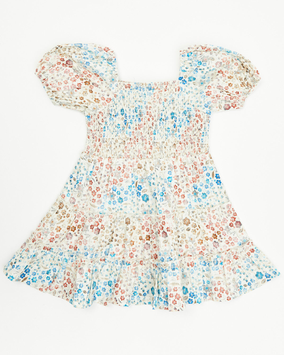 Image #1 - Shyanne Toddler Girls' Floral Print Puff Short Sleeve Midi Dress, Ivory, hi-res