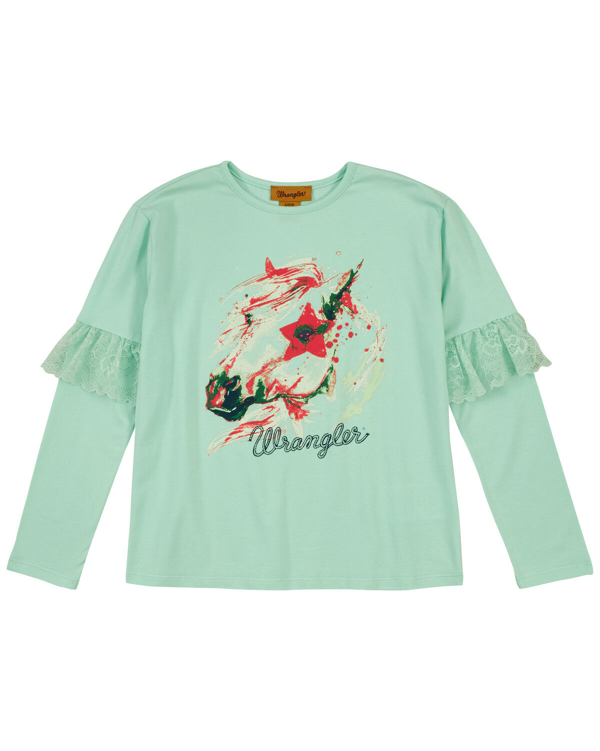 Image #1 - Wrangler Girls' Art Graphic Ruffle Long Sleeve Top, Teal, hi-res