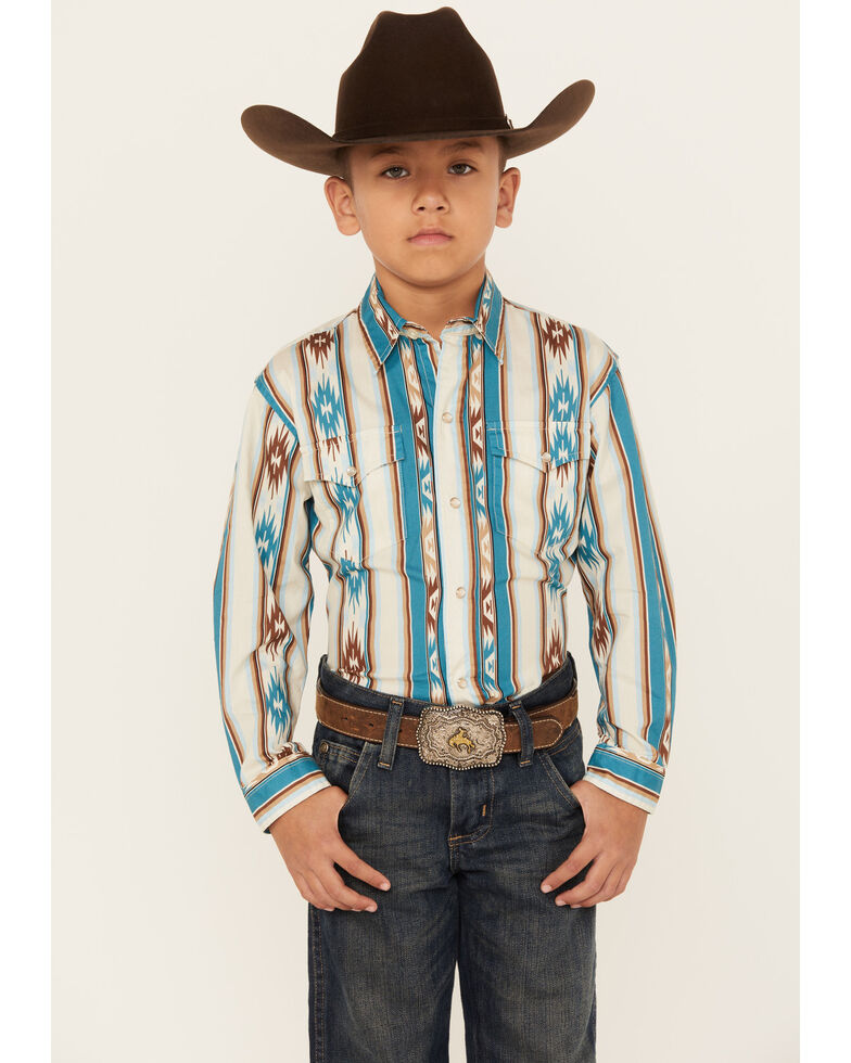 Roper Boys' Vintage Southwestern Stripe Print Long Sleeve Western Snap Shirt, Blue, hi-res