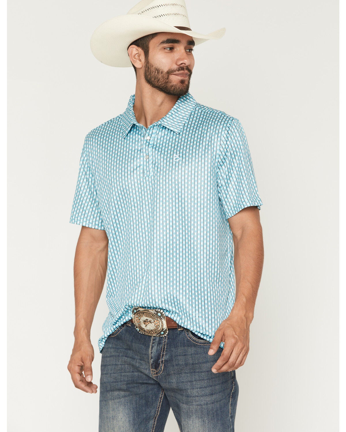 Image #2 - Panhandle Slim Men's Southwestern Striped Short Sleeve Button-Down Polo Shirt, Aqua, hi-res