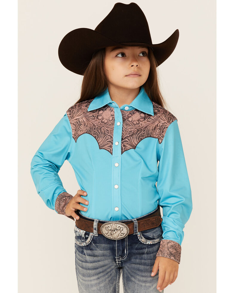 Ranch Dress'n Girls' Solid Teal Tooled Yoke Long Sleeve Snap Western Core Shirt , Teal, hi-res