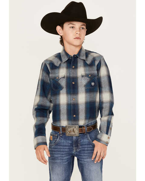 Image #1 - Ariat Boys' Retro Halston Plaid Print Long Sleeve Snap Western Shirt, Navy, hi-res
