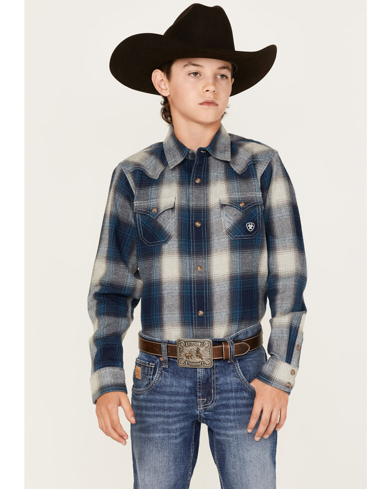 Ariat Boys' Retro Halston Plaid Print Long Sleeve Western Snap Shirt, Navy, hi-res