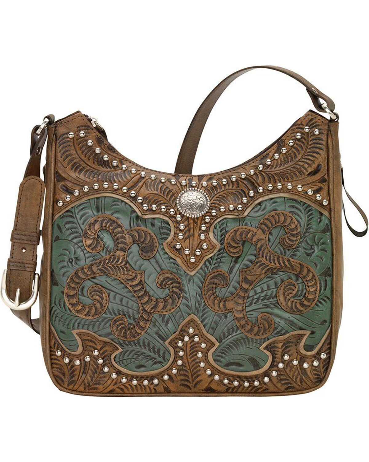 Image #1 - American West Women's Hand Tooled Concealed Carry Shoulder Bag, Distressed Brown, hi-res