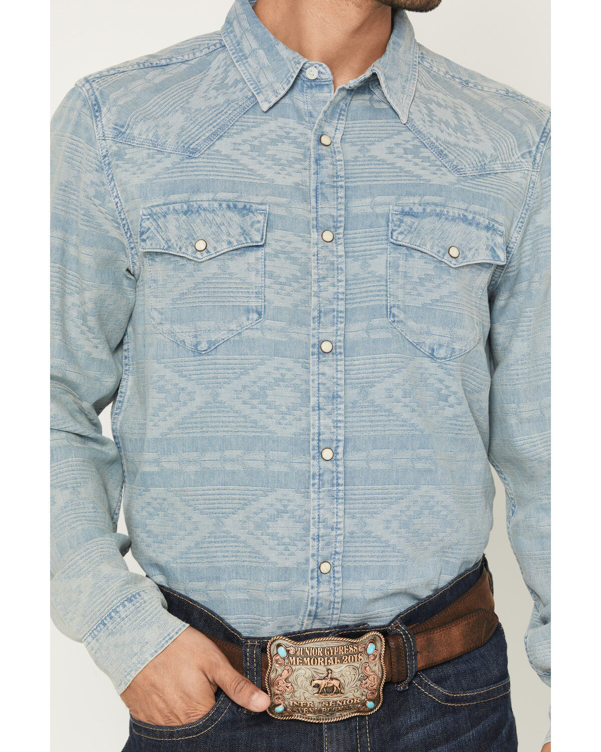 Image #3 - Cody James Men's Marley Tonal Southwestern Long Sleeve Snap Denim Western Shirt, Blue, hi-res