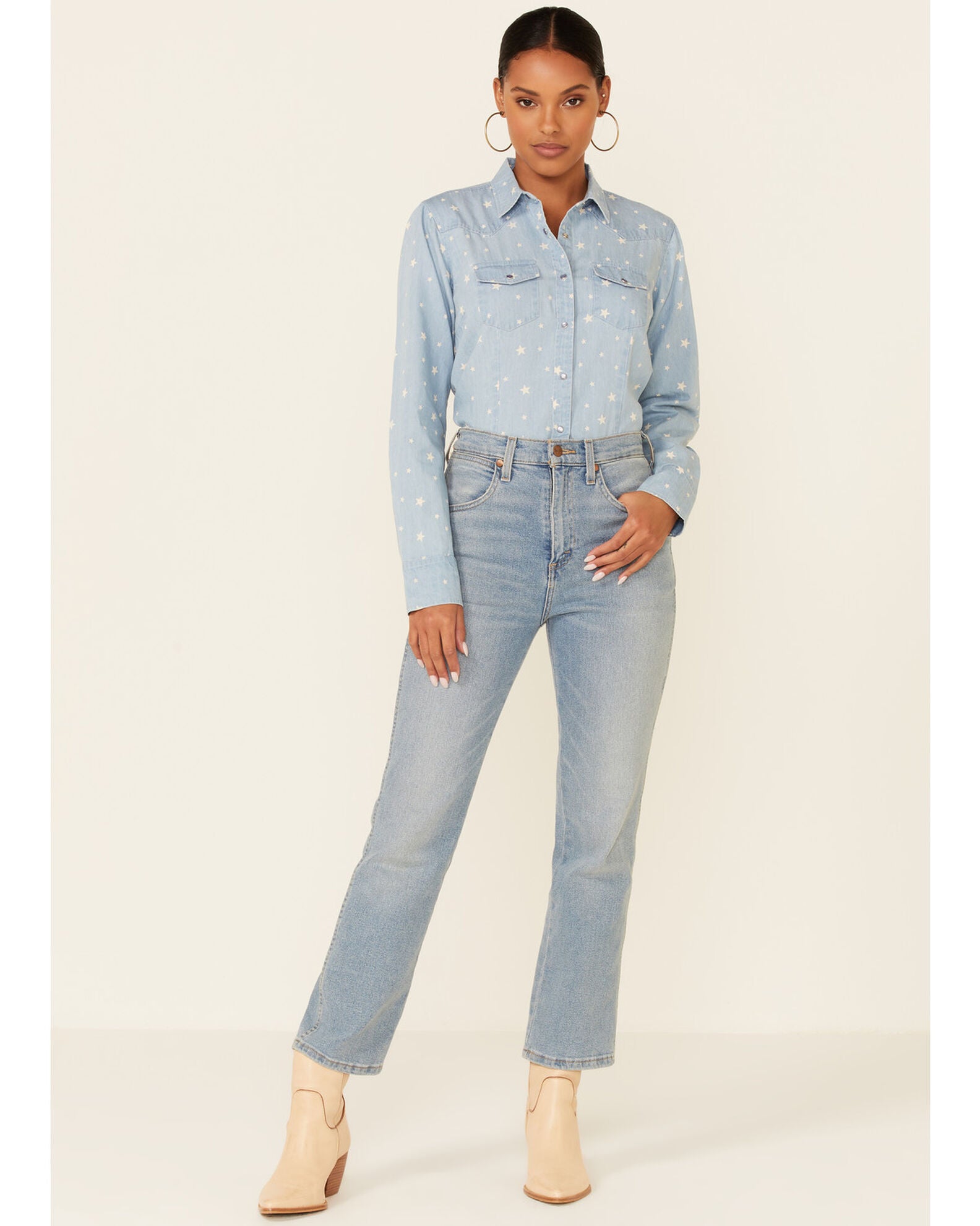 Cotton & Rye Outfitters Women's Chambray Stars At Night Print Long Sleeve Snap Western Shirt