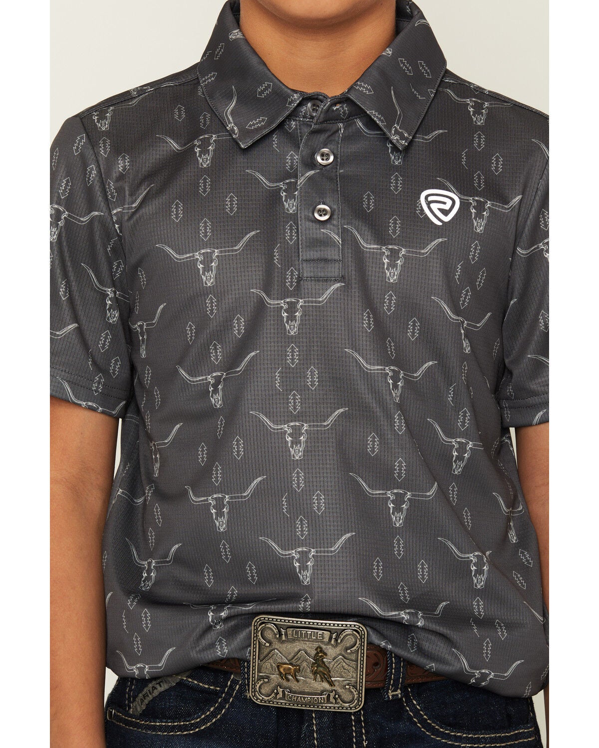 Image #3 - Rock & Roll Denim Boys' Steer Head Skull Short Sleeve Button-Down Polo, Grey, hi-res