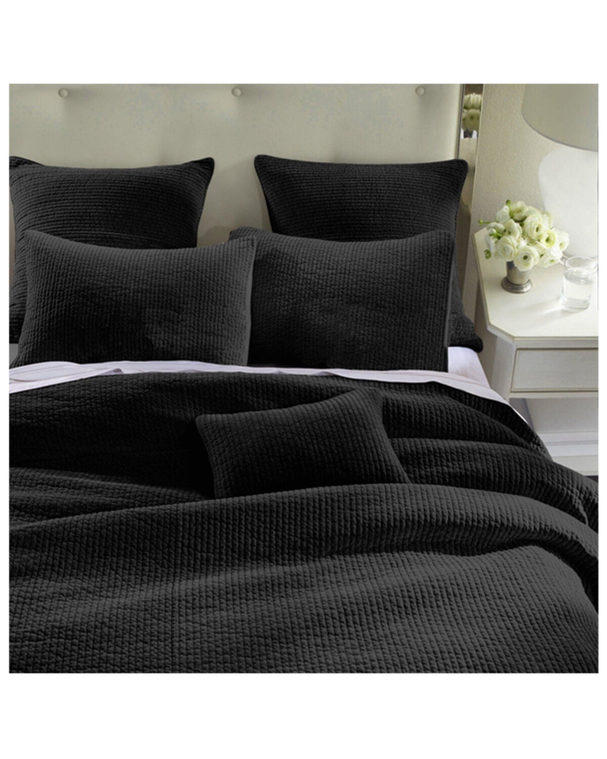 HiEnd Accents Black Stonewashed Cotton & Velvet 3-Piece Full/Queen Quilt Set, Black, hi-res