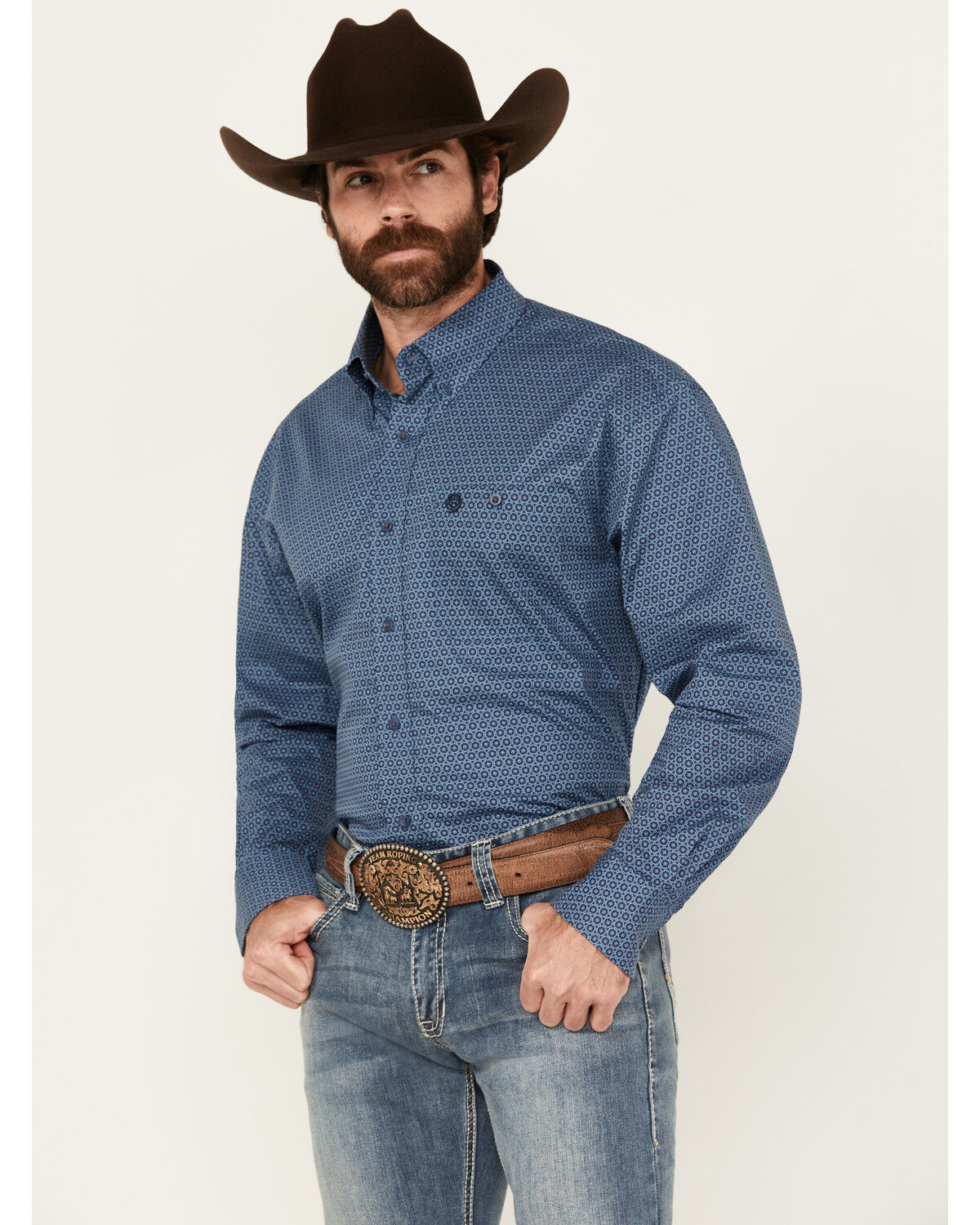 Image #1 - George Strait by Wrangler Geo Print Long Sleeve Button-Down Stretch Western Shirt, Navy, hi-res