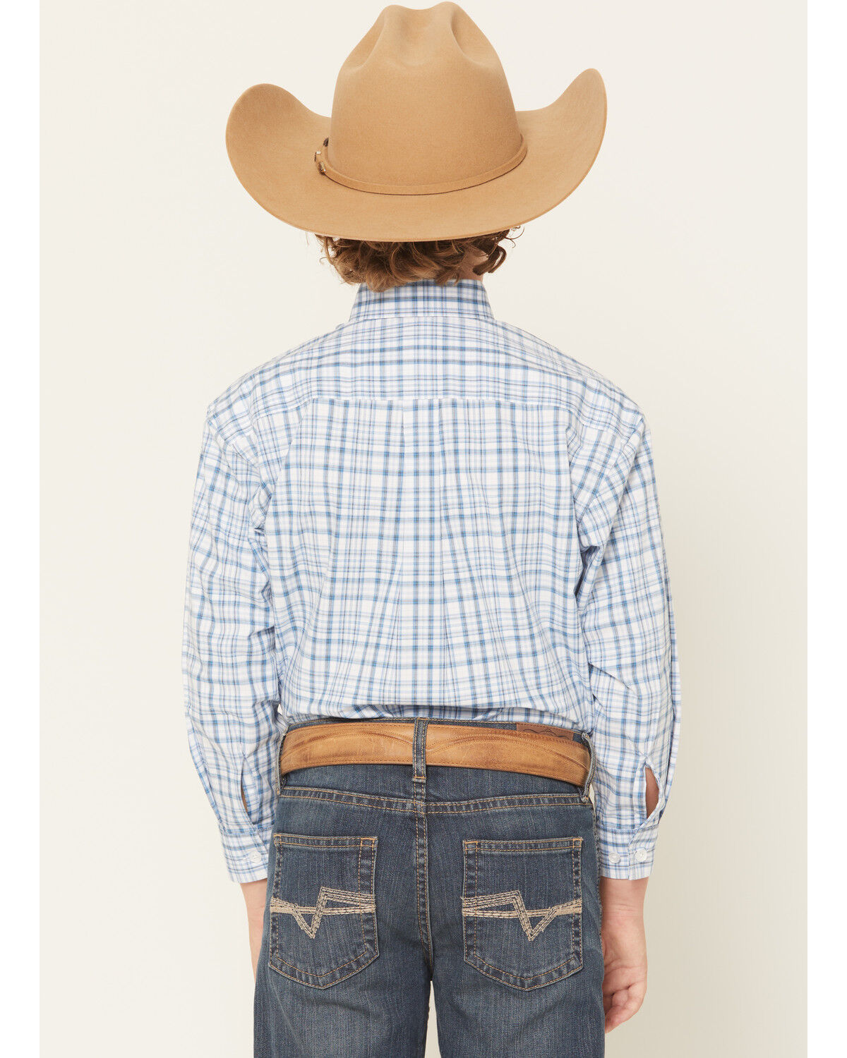 Image #4 - Panhandle Slim Boys' Plaid Print Long Sleeve Button-Down Stretch Western Shirt, Blue, hi-res