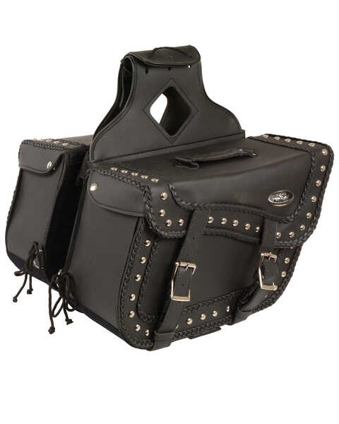 Milwaukee Leather Large Braided Zip-Off PVC Throw Over Saddle Bag with Studs, Black, hi-res