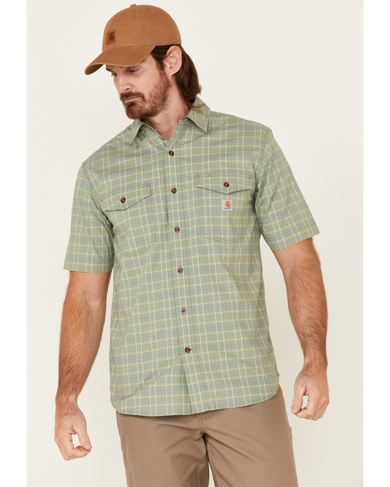 Carhartt Men's Green Plaid Rugged Flex Short Sleeve Button-Down Work Shirt , Green, hi-res