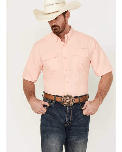 Ariat Men's VentTEK Outbound Solid Short Sleeve Button-Down Performance Shirt, Peach, hi-res