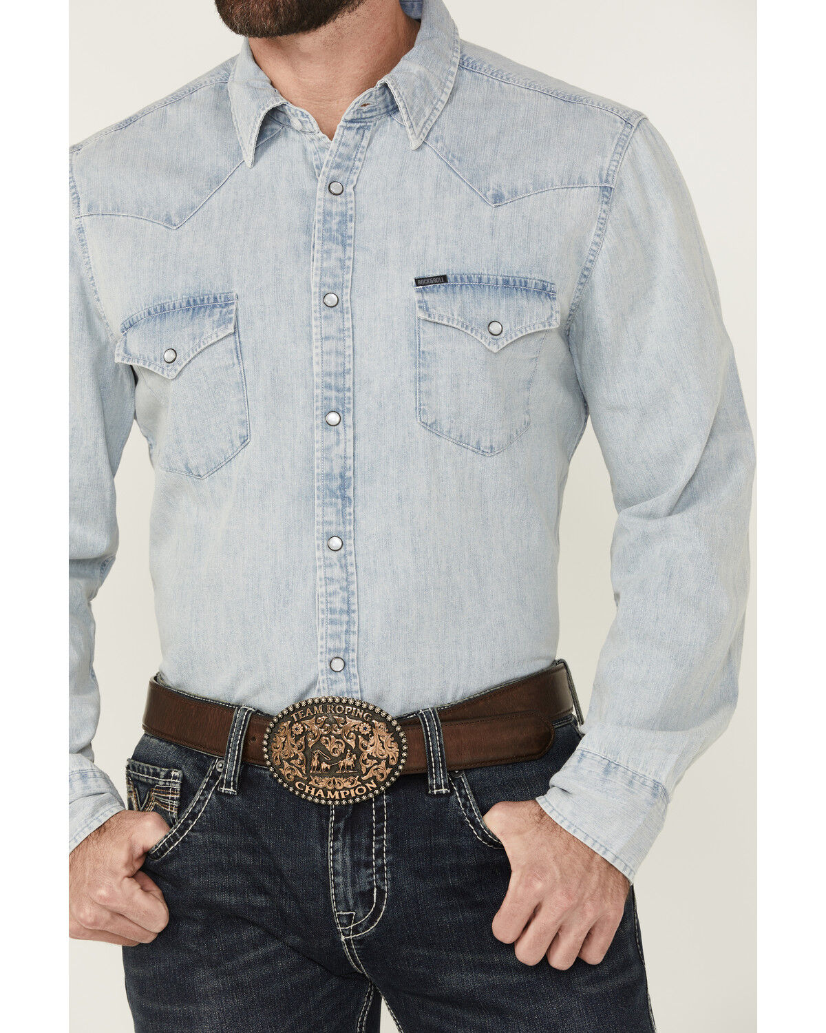 Image #3 - Rock & Roll Denim Men's Light Wash Long Sleeve Snap Denim Shirt, Light Wash, hi-res