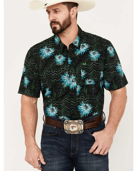 Image #1 - Panhandle Men's Tropical Print Short Sleeve Western Snap Shirt, Black, hi-res