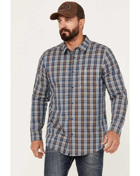 Brothers and Sons Men's Marietta Plaid Print Long Sleeve Button Down Performance Western Shirt, Dark Blue, hi-res
