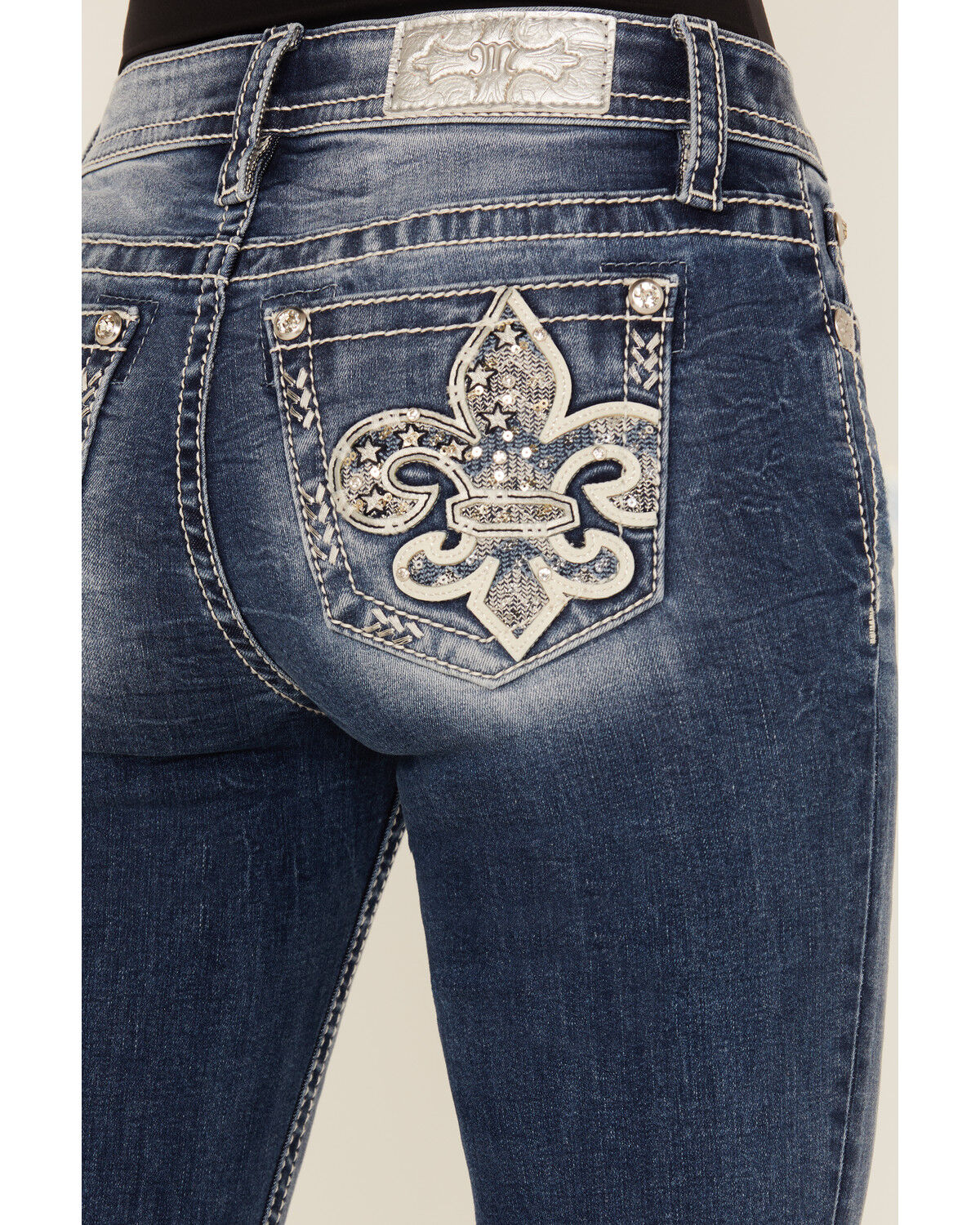 Image #2 - Miss Me Women's Medium Wash Mid Rise Fleur de Lis Pocket Bootcut Stretch Denim Jeans, Medium Wash, hi-res